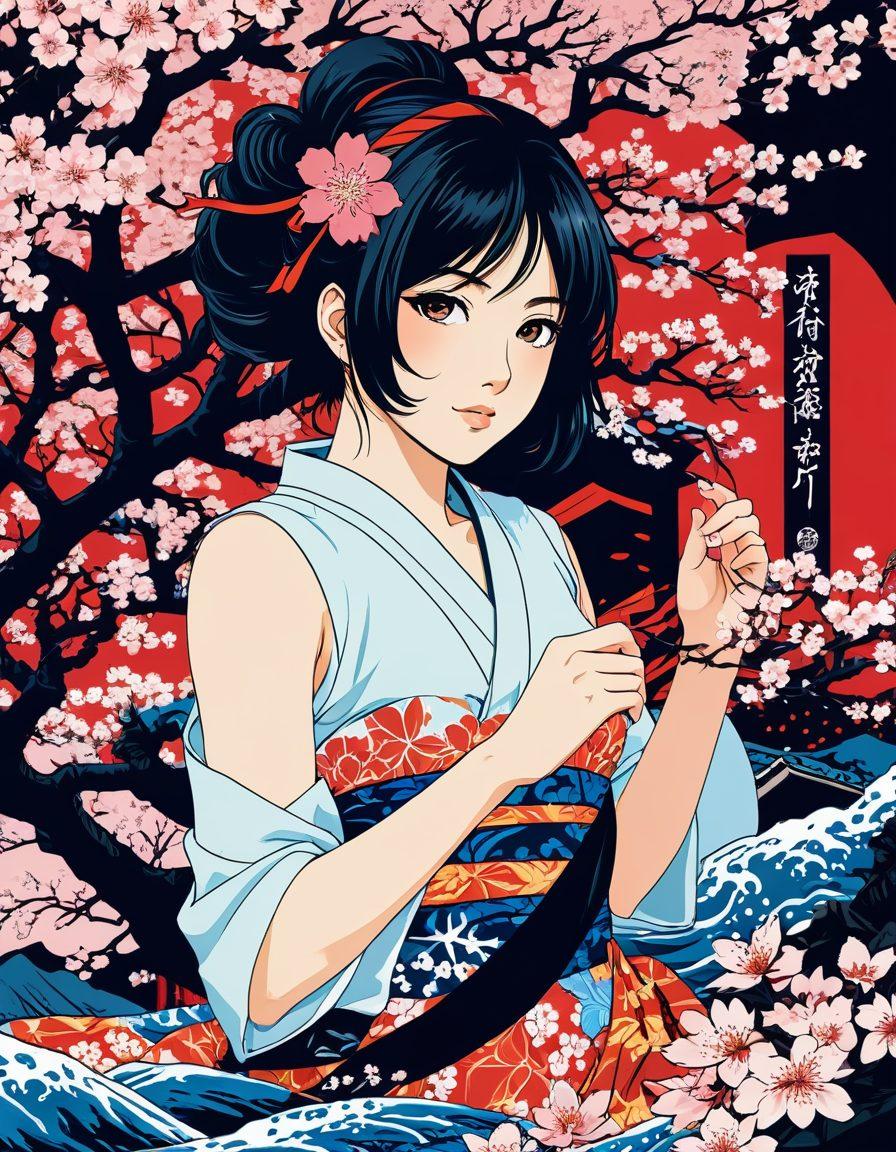 An intricate collage depicting the evolution of adult manga, featuring iconic hentai art scenes alongside traditional Japanese graphic novels. Highlight the fluidity of styles from vintage to modern, with elements like cherry blossoms, dynamic characters, and cultural symbols interspersed throughout. The colors should be rich and vibrant, showcasing the contrast between the classic and contemporary designs. The background should be a blend of a woodblock print and a modern digital aesthetic. 3D effect. vibrant colors.